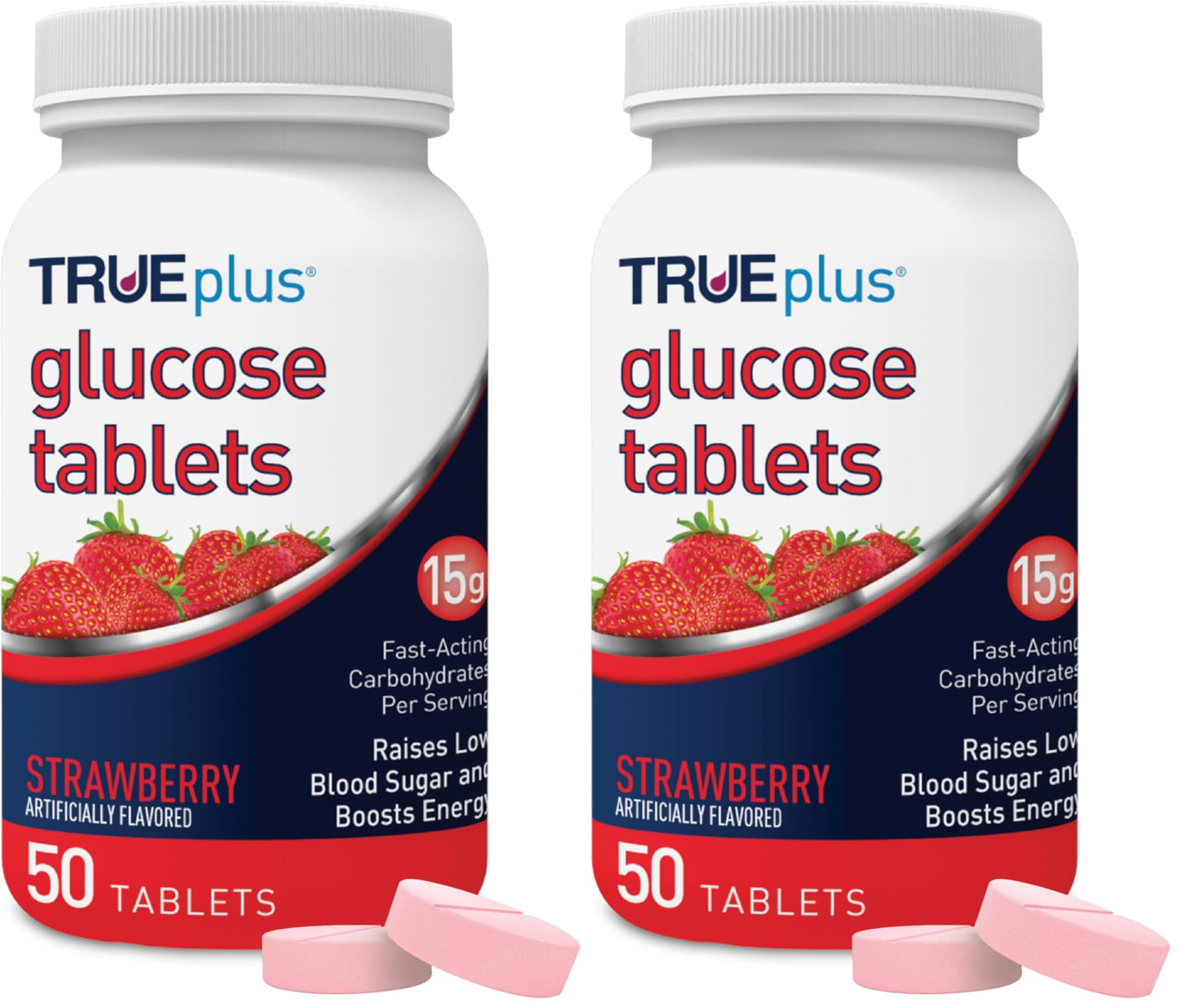 TRUEplus Glucose Tablets, Chewable, Strawberry Flavor, 15g Fast-Acting Carbohydrates, Fat Free, Gluten Free, Boost Energy, 50 Count (Pack of 2)