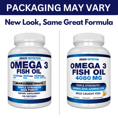 Arazo Nutrition Wild Caught Omega-3 Fish Oil Concentrate – 4,080mg per Serving – High EPA 1200mg & DHA 900mg