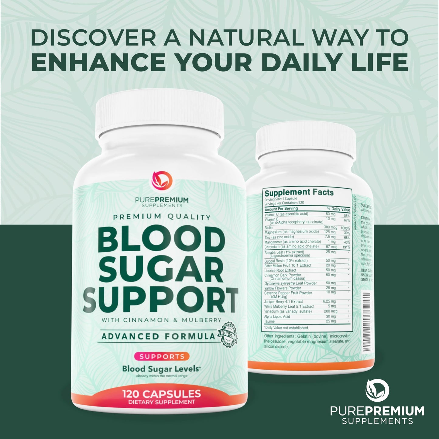 PurePremium Normal Blood Sugar Support Supplement - 20 Active Ingredients Complex to Support Blood Sugar Levels Already in The Normal Range - with Cinnamon