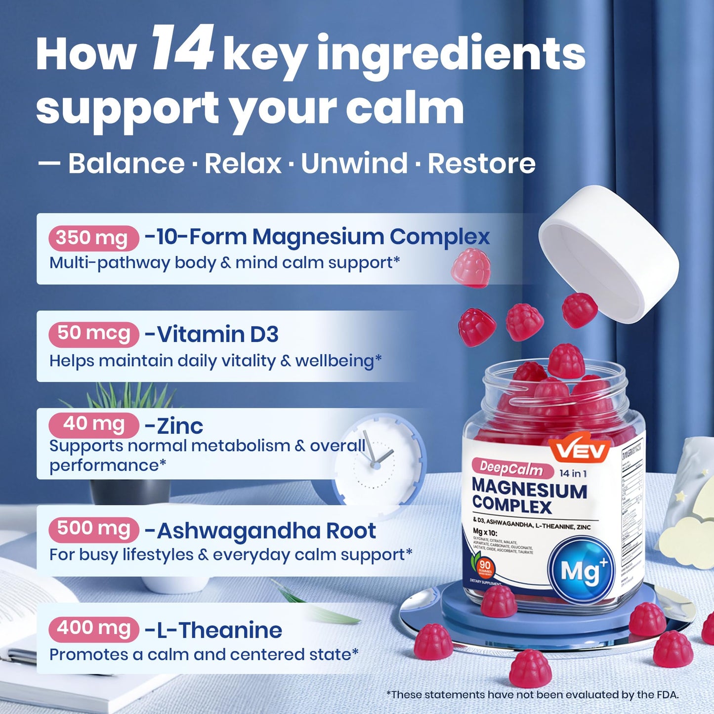 VEV Deep Calm Magnesium Complex 14-in-1 Gummies – 90 Count (Pack of 1) – with D3, Ashwagandha, L-theanine, Zinc – Magnesium Complex for Women and Men