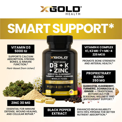 Vitamin D, K2, K1, Zinc, Quercetin, Elderberry, Turmeric, Ginger & Echinacea Whole Food Supplement 8 in 1- D3 5000 IU Plant-Based from Lichen, Vitamin K (K2 MK7, MK4, K1)