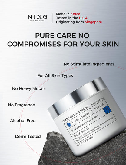 NING DERMOLOGIE Clay Mask for Face & Sensitive Skin: Triple Mud Formula Deep Cleans Pores Reduces Acne Balances Oil & Improves Texture - 3.88 Oz