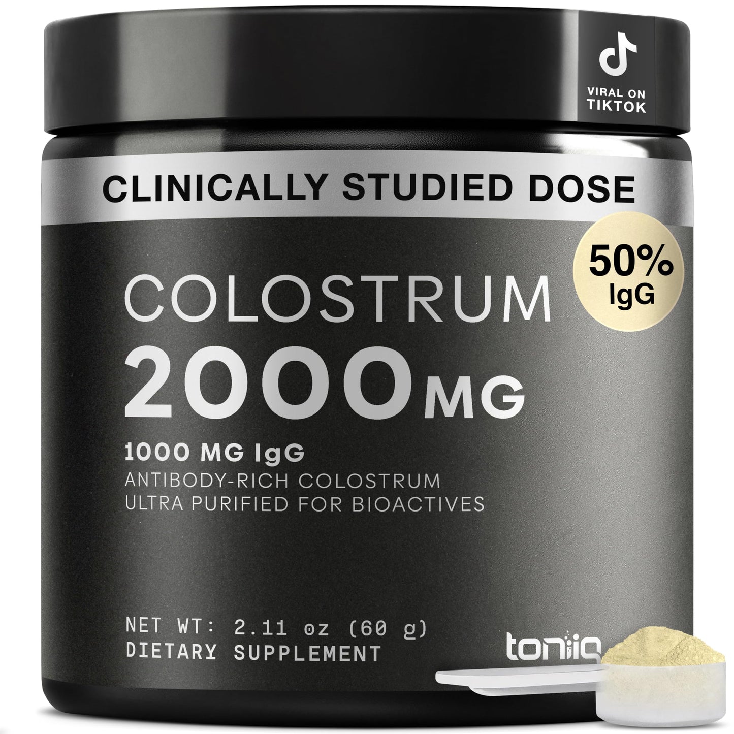 Toniiq Bovine Colostrum Powder Supplement 2000mg - 50% IgG for Gut Health, Immune Support & Skin - French Colostrum Farm-to-Jar Traceable