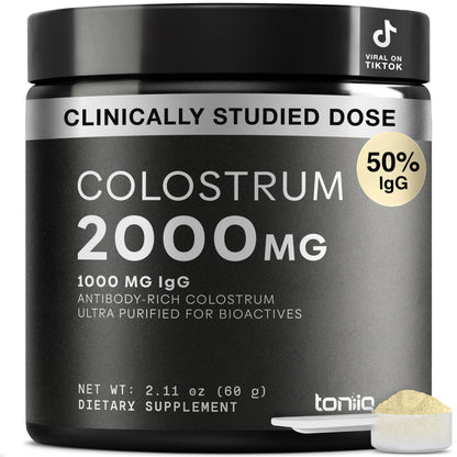 Toniiq Bovine Colostrum Powder Supplement 2000mg - 50% IgG for Gut Health, Immune Support & Skin - French Colostrum Farm-to-Jar Traceable