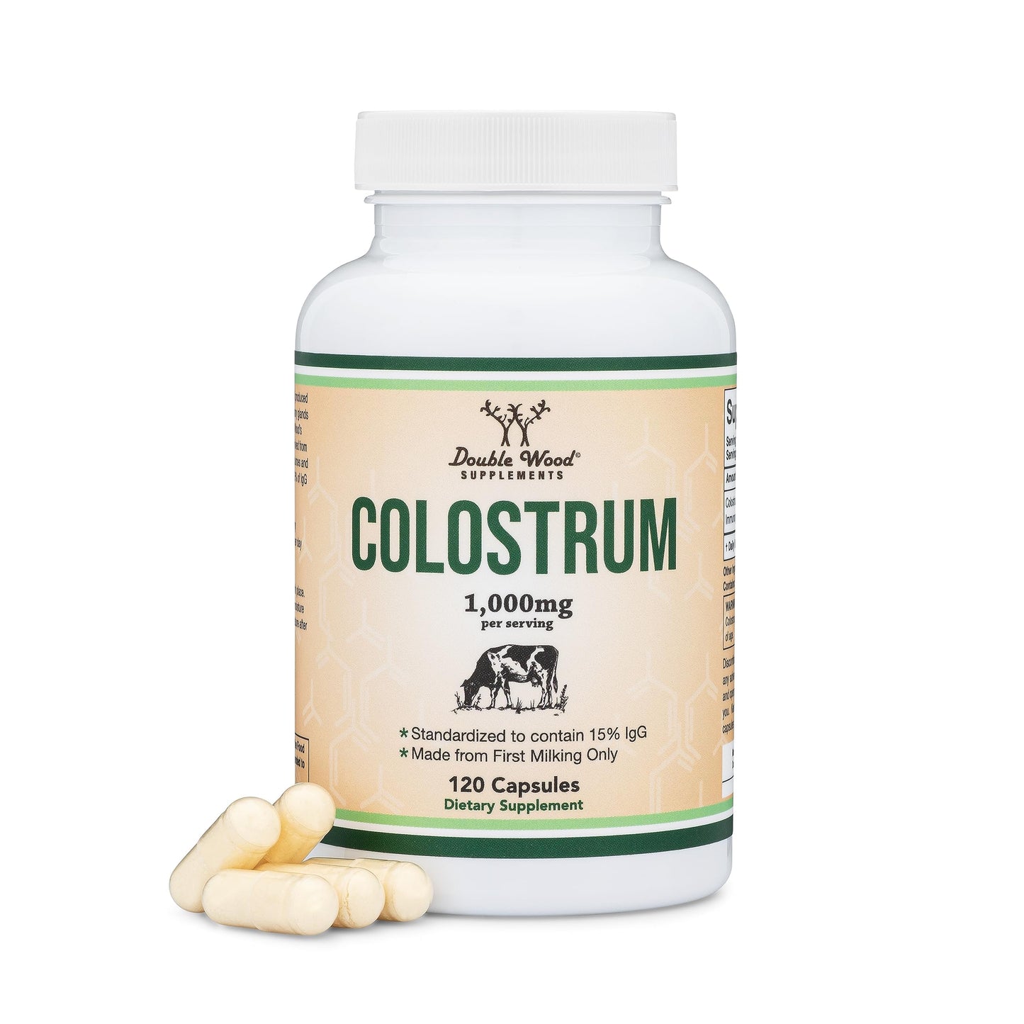 Colostrum Supplement 120 Capsules, 1,000mg per Serving (Bovine Colostrum Powder from First Milking Only, Std. to Contain 15% IgG Immunoglobulins) No Fillers