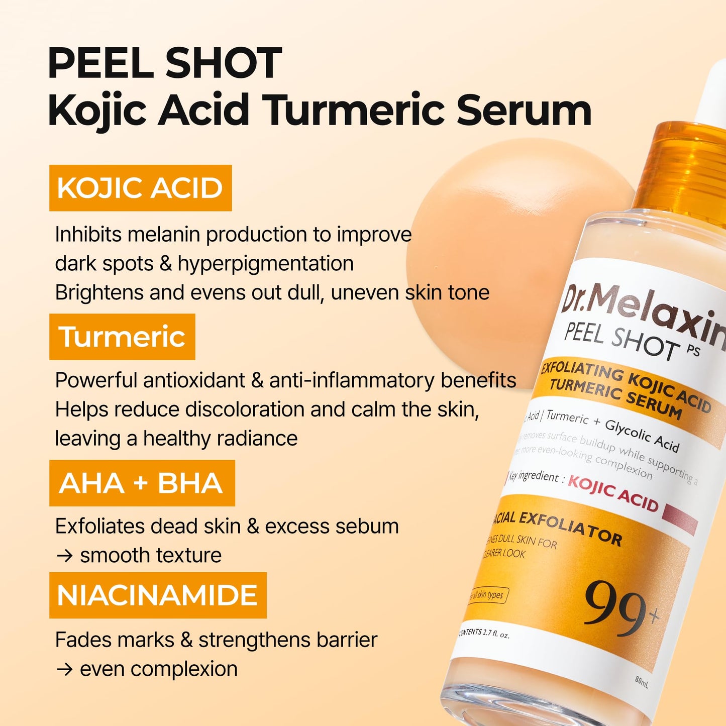 Dr. Melaxin Peel Shot Kojic Acid Turmeric Serum – Exfoliating Dark Spot Corrector with AHA/BHA & Niacinamide, Brightening & Even Tone