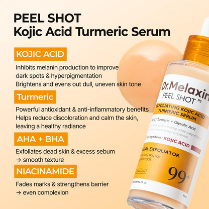 Dr. Melaxin Peel Shot Kojic Acid Turmeric Serum – Exfoliating Dark Spot Corrector with AHA/BHA & Niacinamide, Brightening & Even Tone