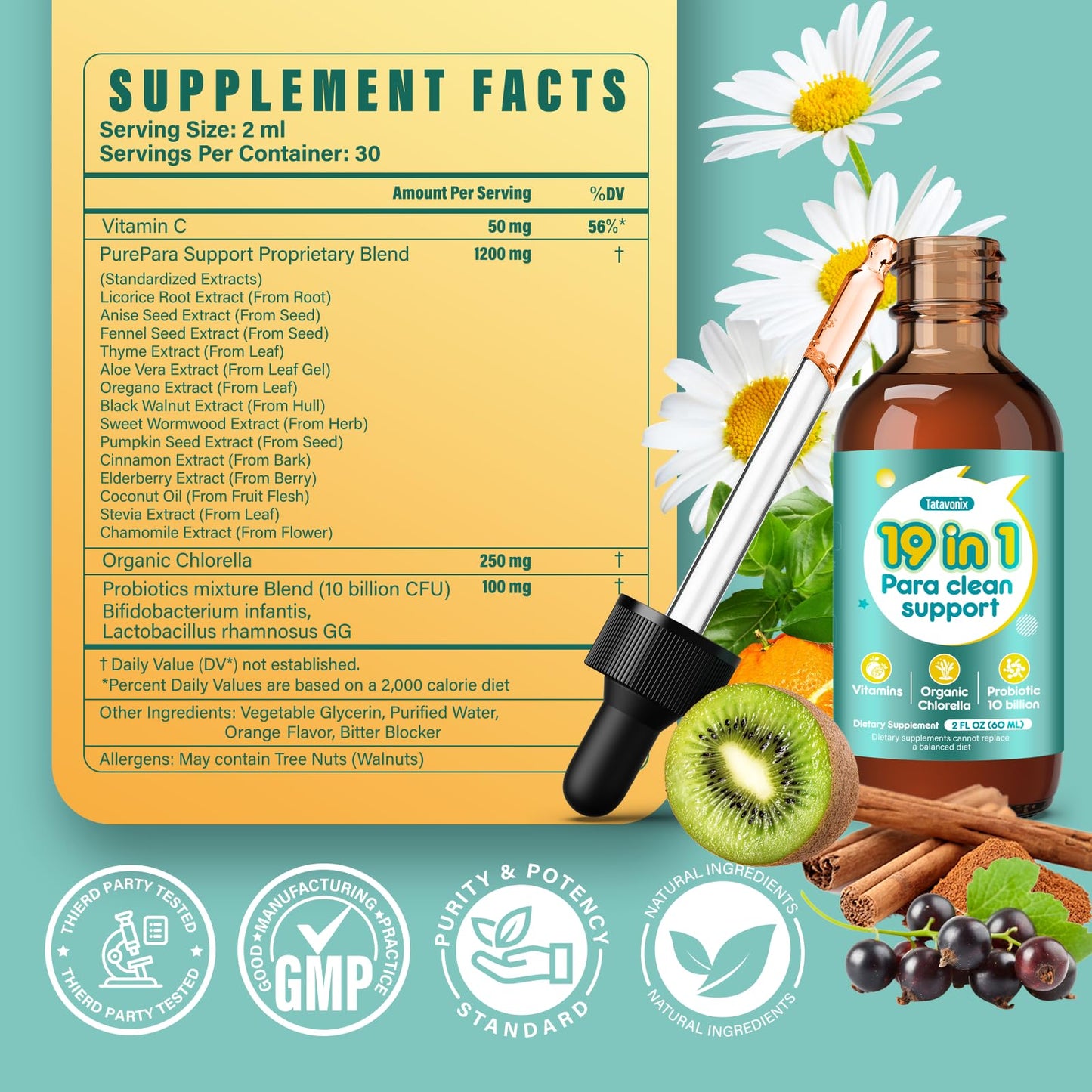 Tatavonix 19 in 1 Herbal Gut Cleanse Drops – Wormwood, Black Walnut, Chlorella 250mg, 10B Probiotics, Clove & Oregano