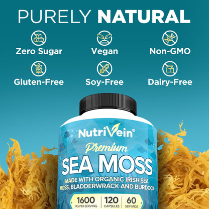 Nutrivein Organic Sea Moss 1600mg Plus Bladderwrack & Burdock - 120 Caps for Adults - Prebiotic Super-Food - Immune System & Digestive Health