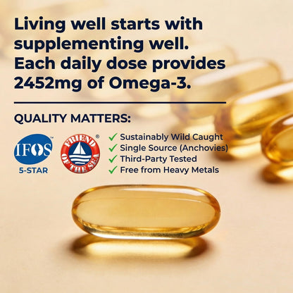 AQUAOMEGA 3X Extra Strength Omega-3 Fish Oil for Heart, Brain & Immune Support, 1636mg EPA, 544mg DHA + Vitamin D3, Full Natural Triglyceride Form,