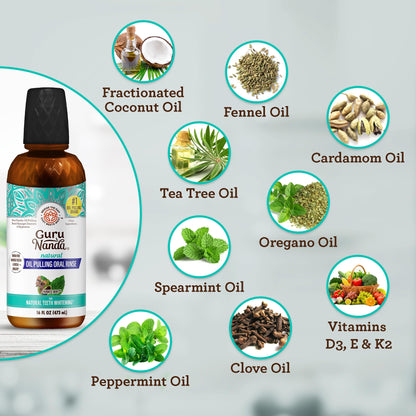 GuruNanda Farmed Mint Oil Pulling Mouthwash for Complete Oral Hygiene, 7 Essential Oils & Vitamins for Happy Teeth & Gums