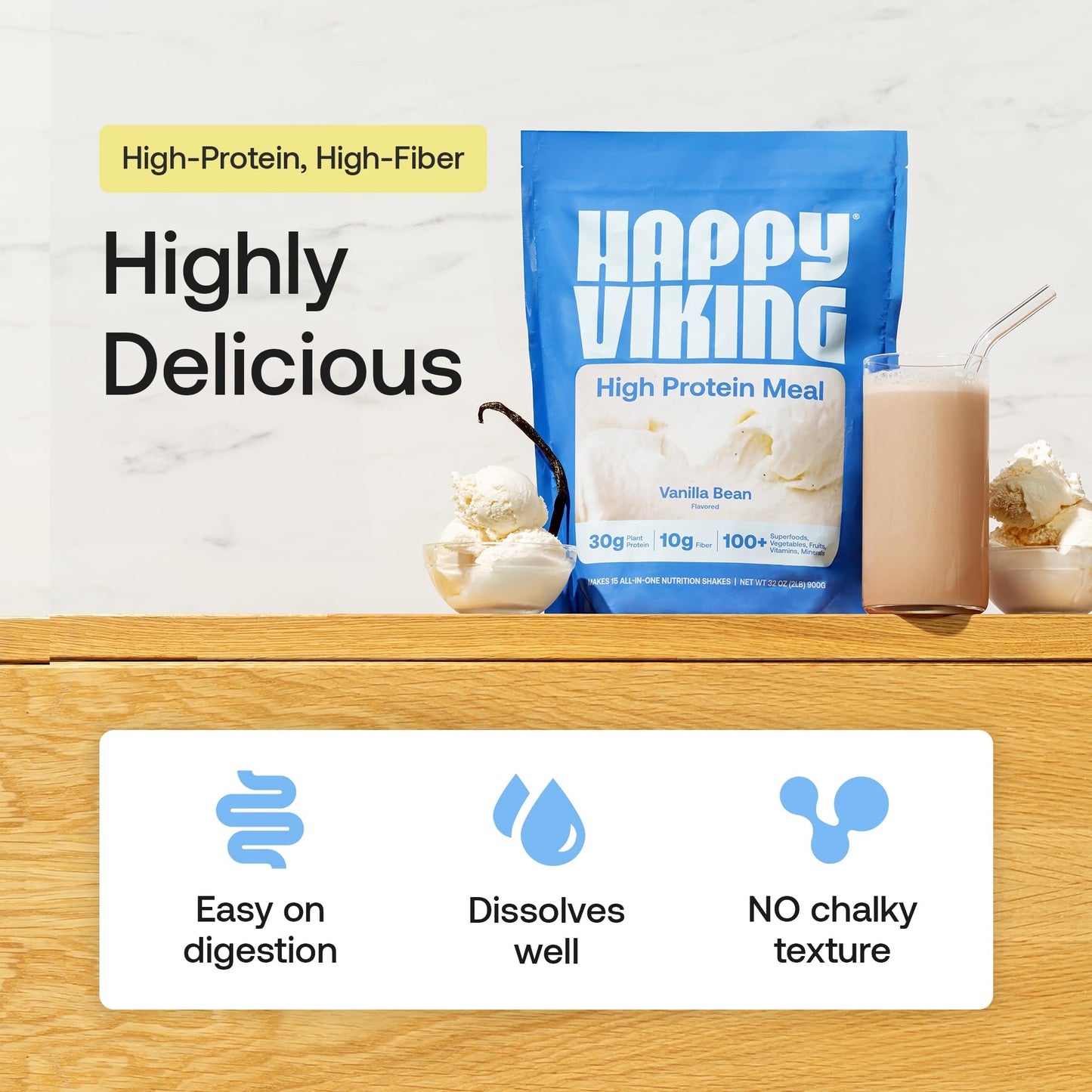 Happy Viking Plant-Based Protein Powder +100 Superfoods Vanilla Meal Replacement Shake, Created by Venus Williams, 30g Plant Protein, 10g Fiber, Vegan, Gluten-Free, Non-GMO, 15 Meals