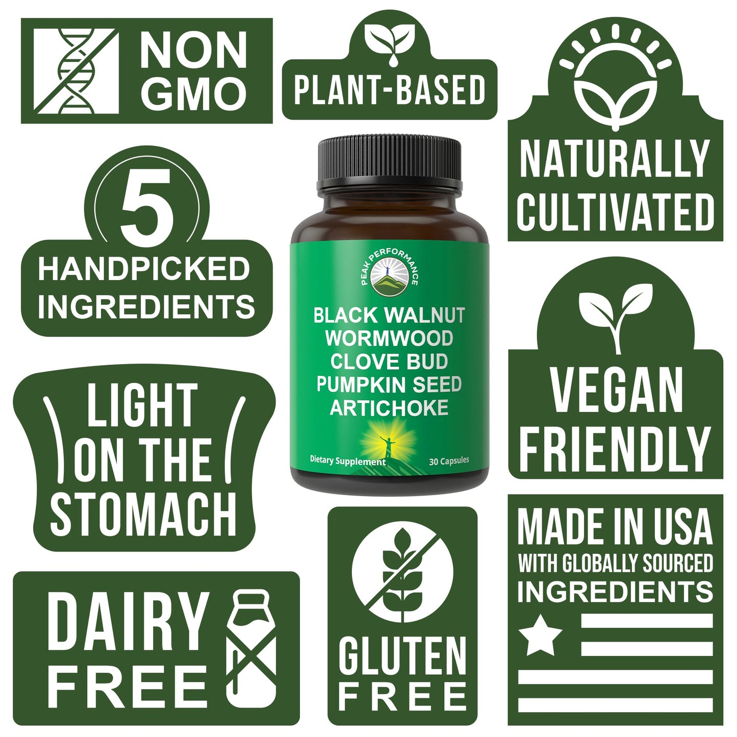 Wormwood Black Walnut Clove Cleanse for Humans. Elimination Detox + Intestinal Support Capsules Supplement for Adults and Kids. Pills with Artichoke