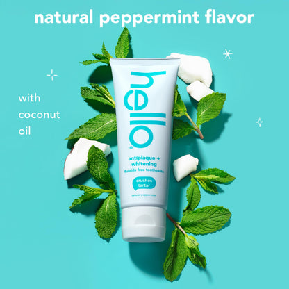 Hello Antiplaque and Whitening Fluoride Free Toothpaste, 5 Oz Tube, Whitening Toothpaste with Natural Peppermint Flavor and Tea Tree Oil, Crushes Tartar