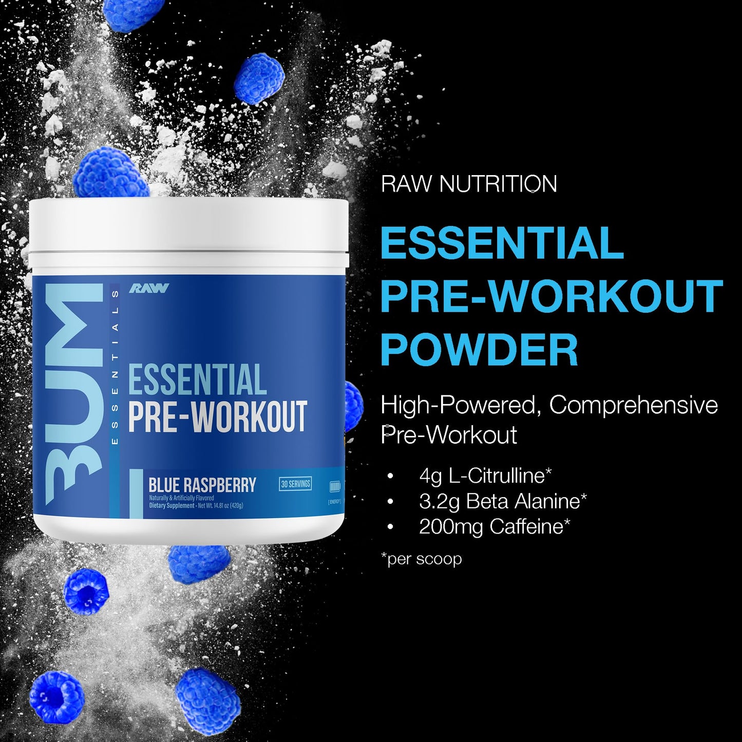 RAW Nutrition - Essential Pre - Chris Bumstead Pre Workout Formula, Sports Nutrition Pre-Workout Powders | Men & Womens Drink, Energy Powder