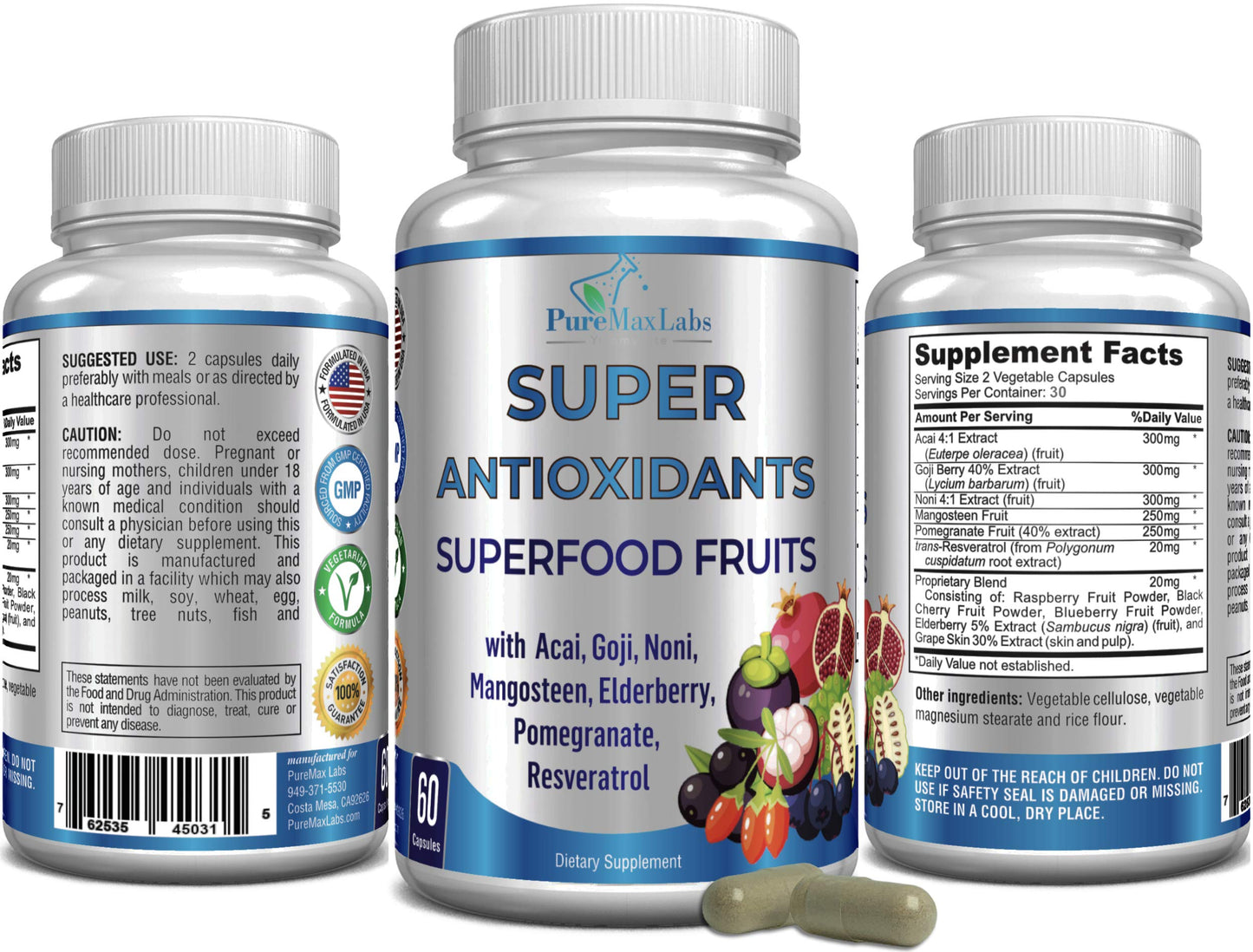 Super Antioxidant Fruit Superfood Complex - Powerful Antioxidant Superfruits, Acai, Goji, Noni, Mangosteen, Pomegranate, Elderberry, Resveratrol,