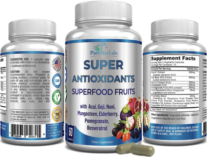 Super Antioxidant Fruit Superfood Complex - Powerful Antioxidant Superfruits, Acai, Goji, Noni, Mangosteen, Pomegranate, Elderberry, Resveratrol,