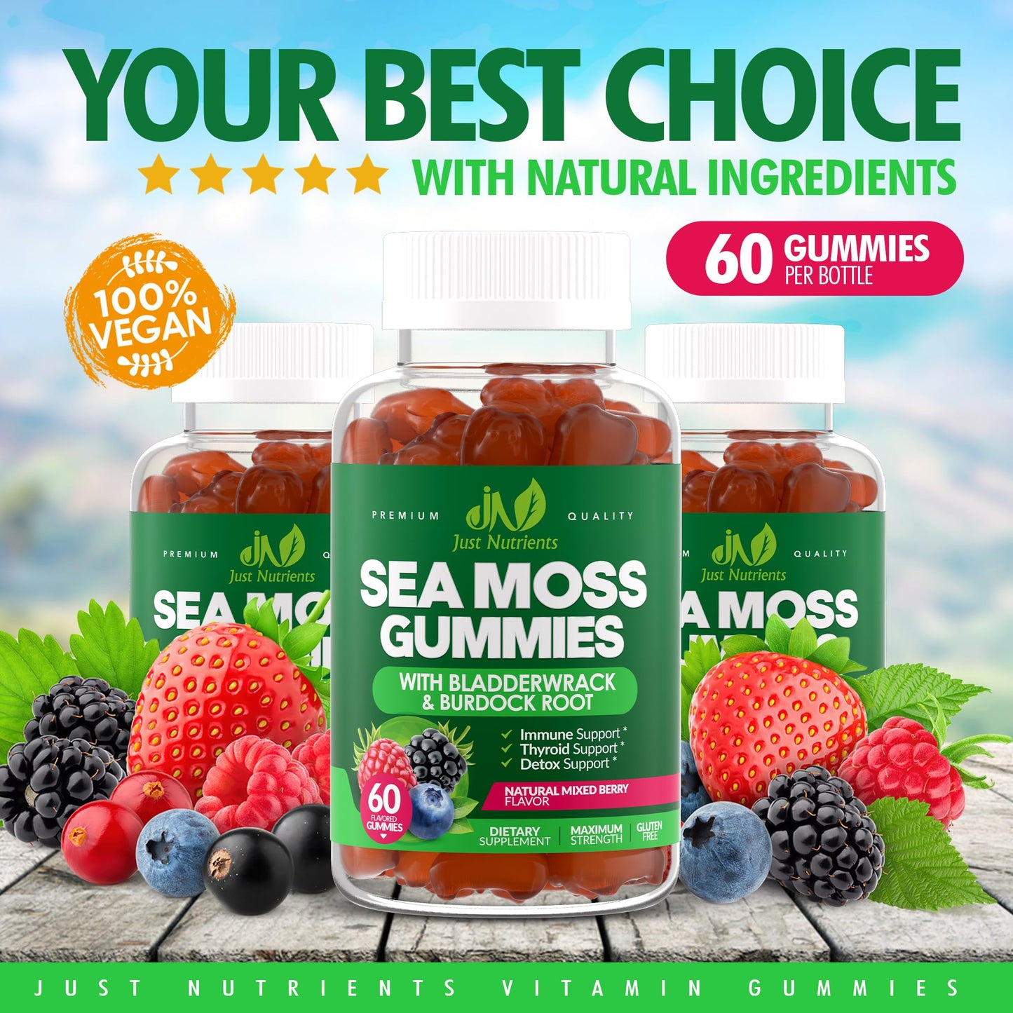 Sea Moss 3000mg Gummies with Bladderwrack and Burdock Root - Natural Irish Sea Moss Superfood for Immune, Thyroid and Detox Support - Extra Strength