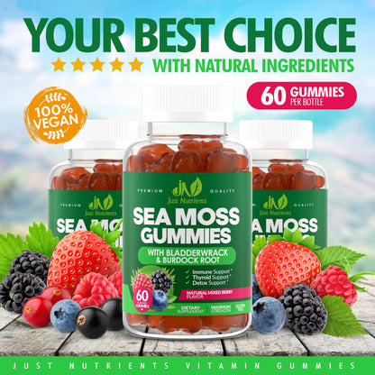 Sea Moss 3000mg Gummies with Bladderwrack and Burdock Root - Natural Irish Sea Moss Superfood for Immune, Thyroid and Detox Support - Extra Strength
