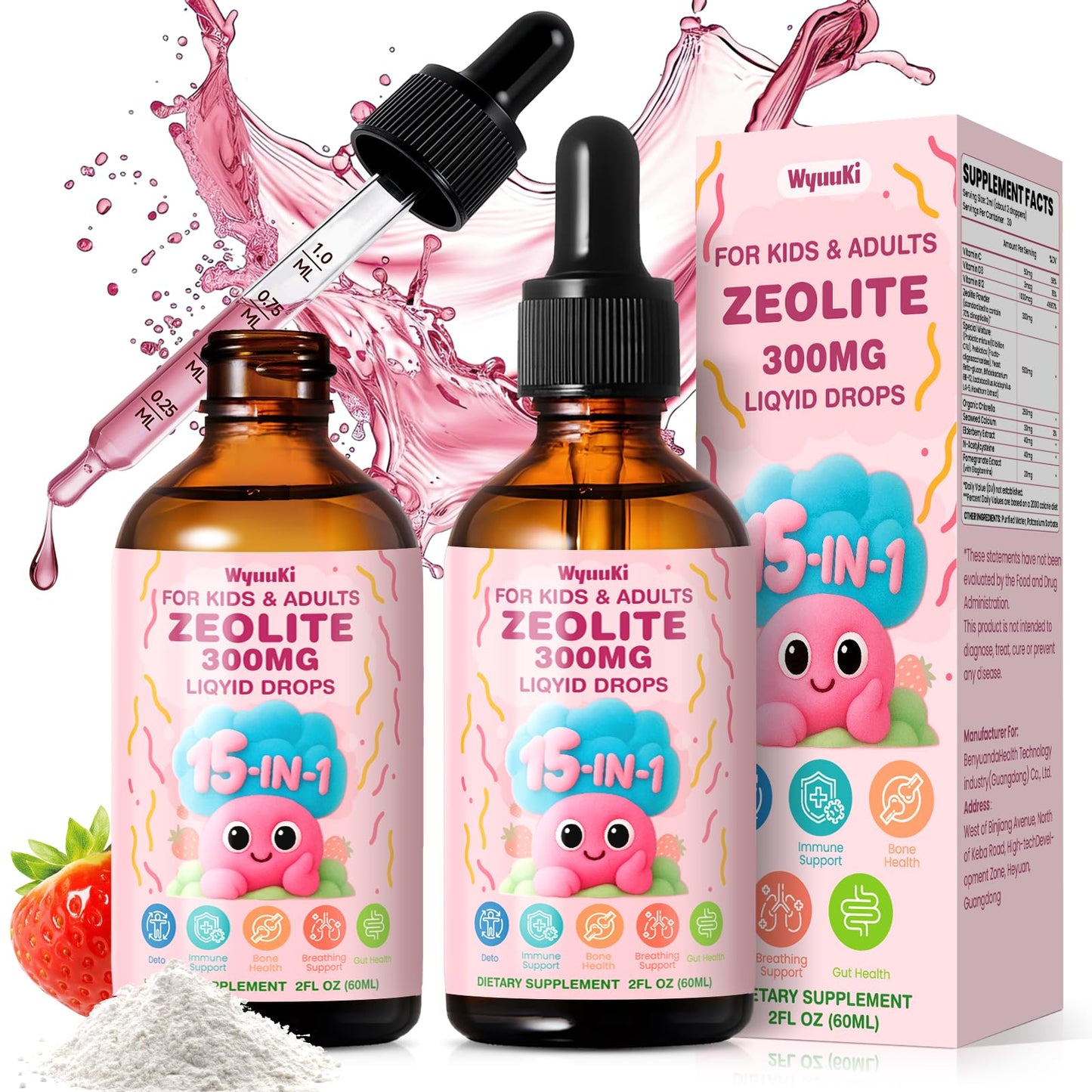 Zeolite Drops 2 Pack Detox for Kids & Adults - 300mg Clinoptilolite, 1000mcg Vitamin B12 C D3, 10 Billion CFU Prebiotics, Seaweed Calcium - Pure Body Cleanse