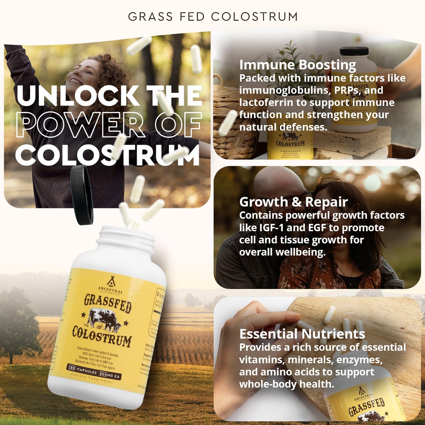 Ancestral Supplements Grass Fed Beef Colostrum Supplement, 3000 mg, Offers Immune Support and Promotes Gut Health, Athletic Performance, Healthy Iron Levels