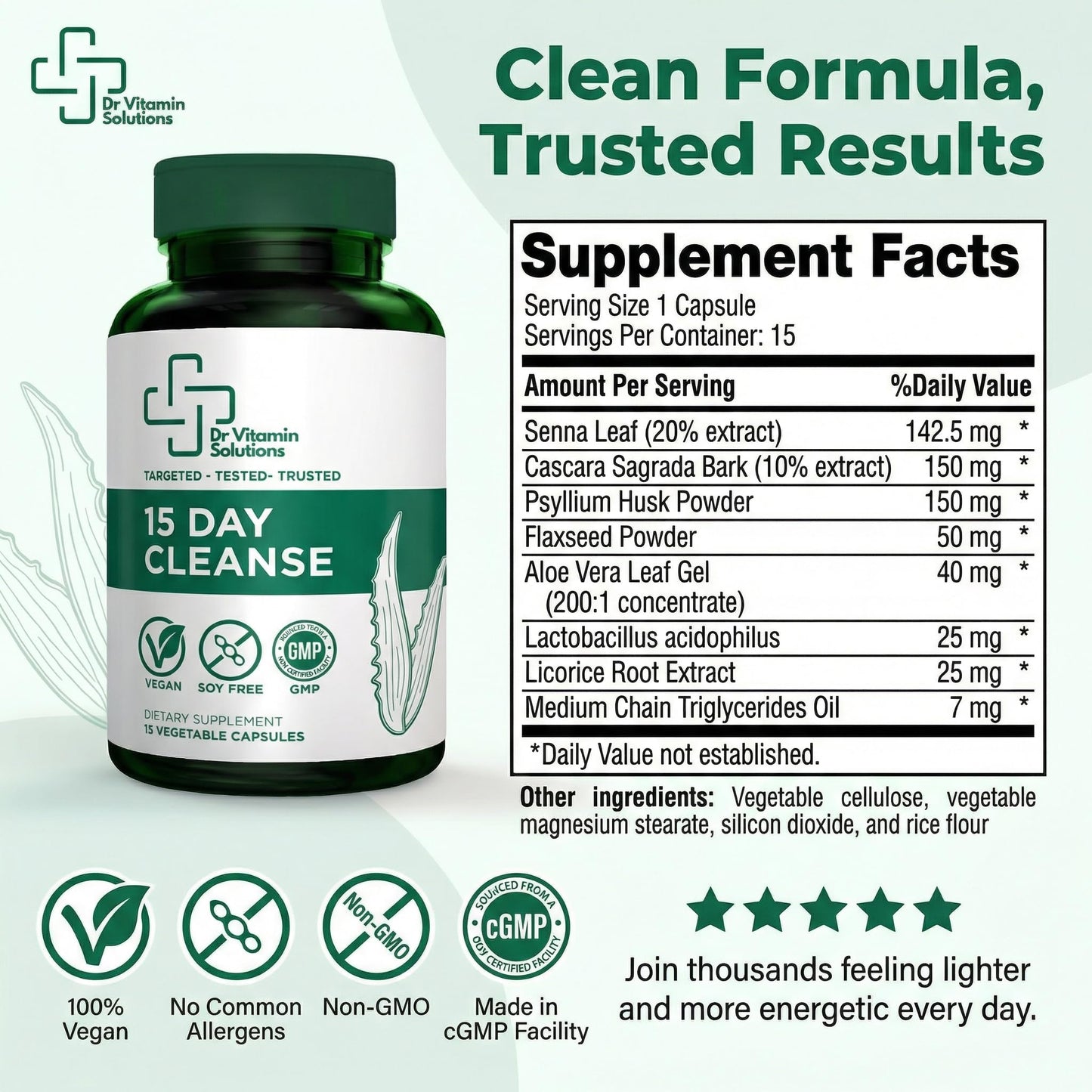 15 Day Colon Cleanse & Detox for Women and Men, Gut Cleanse with Senna, Aloe Vera, Psyllium Husk & Probiotics, Bloating, Constipation Relief, Gentle, Vegan,