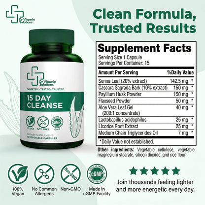15 Day Colon Cleanse & Detox for Women and Men, Gut Cleanse with Senna, Aloe Vera, Psyllium Husk & Probiotics, Bloating, Constipation Relief, Gentle, Vegan,