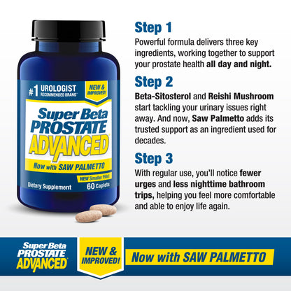 SUPER BETA PROSTATE Advanced with Saw Palmetto - Prostate Health Supplements for Men, Bladder & Urinary Support with Beta-sitosterol, Reishi, Saw Palmetto, Vitamin D