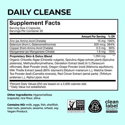 HUM Daily Cleanse Acne Supplements for Women & Men, Gentle Digestive Cleanse for Clear Skin Support, Zinc, Spirulina, Chlorella, Detoxifying Herbs, Organic Algae