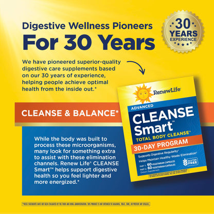 Renew Life Cleanse Smart Advanced Total Body Program, 2-Part Detox Cleanse Promotes Digestive Regularity and Supports Waste Elimination, Herbal Blend