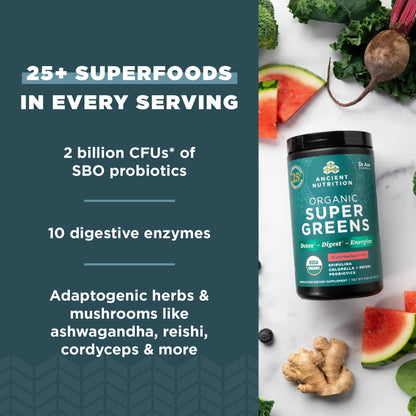 Ancient Nutrition SuperGreens Powder with Probiotics, Organic Watermelon Flavor Greens, Made from Real Fruits, Vegetables and Herbs, for Digestive