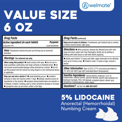 WELMATE 5% Lidocaine Cream for Hemorrhoids, 6 oz Jar – Fast-Acting Lidocaine Numbing Cream & Topical Analgesic Cream for Anorectal Itch Relief