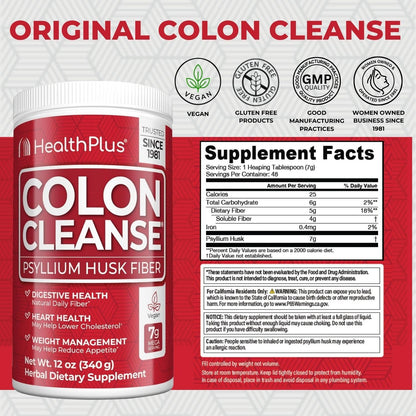 Health Plus Colon Cleanse - Natural Daily Fiber Powder- Gluten Free, Detox, Heart Healthy (12 Ounces, 48 Servings)