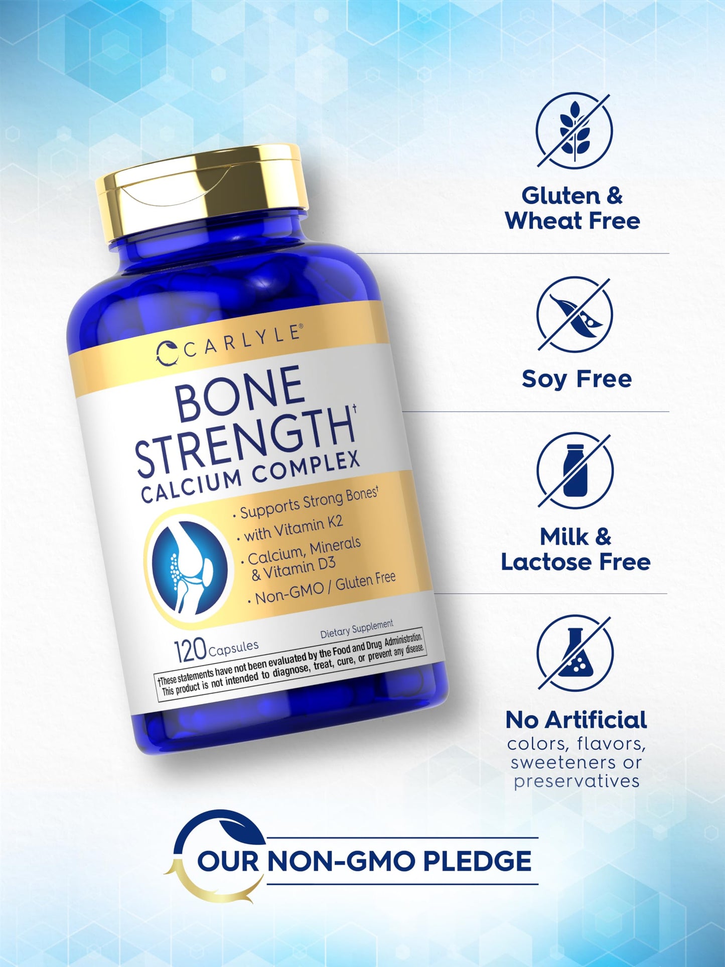 Carlyle Bone Strength Calcium Complex Supplement | with Vitamin D3, Magnesium, K2, Zinc & Boron | 120 Capsules | Non-GMO, Gluten Free