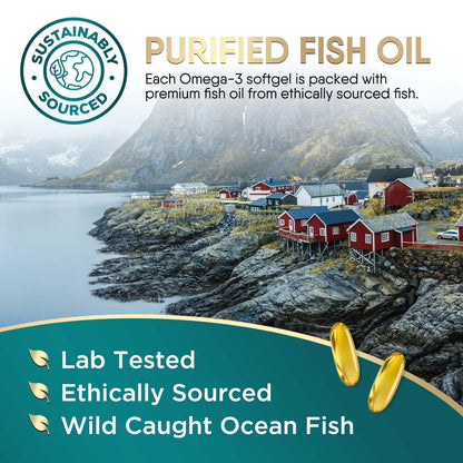 Omega 3 Fish Oil Supplements - 2400mg Fish Oil Per Serving - Triple Strength Omega-3 with Fatty Acids EPA & DHA - Natural Heart, Brain & Immune Support