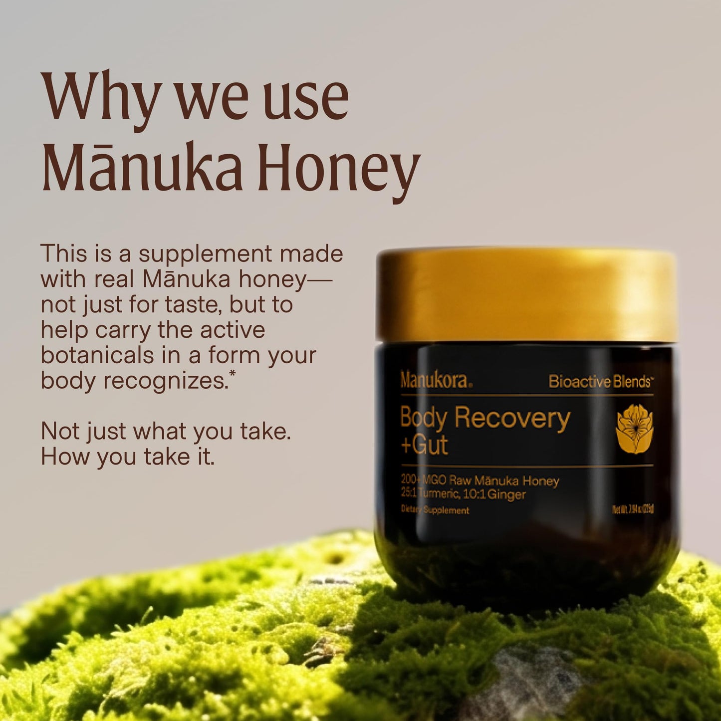 Manukora Body Recovery + Gut Supplement, Turmeric & Ginger with Manuka Honey, Supports Recovery, Gut Health & Digestive Comfort, Improved Absorption, 3rd-Party Tested, Non-GMO, 225g Jar