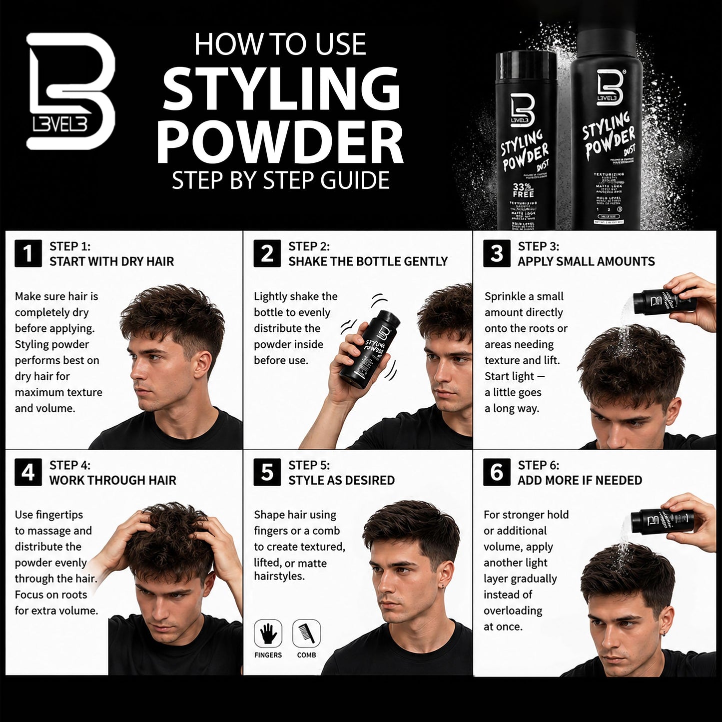 L3 Level 3 Styling Powder - Natural Look Mens Powder - Easy to Apply with No Oil or Greasy Residue (Small - 30 Grams)