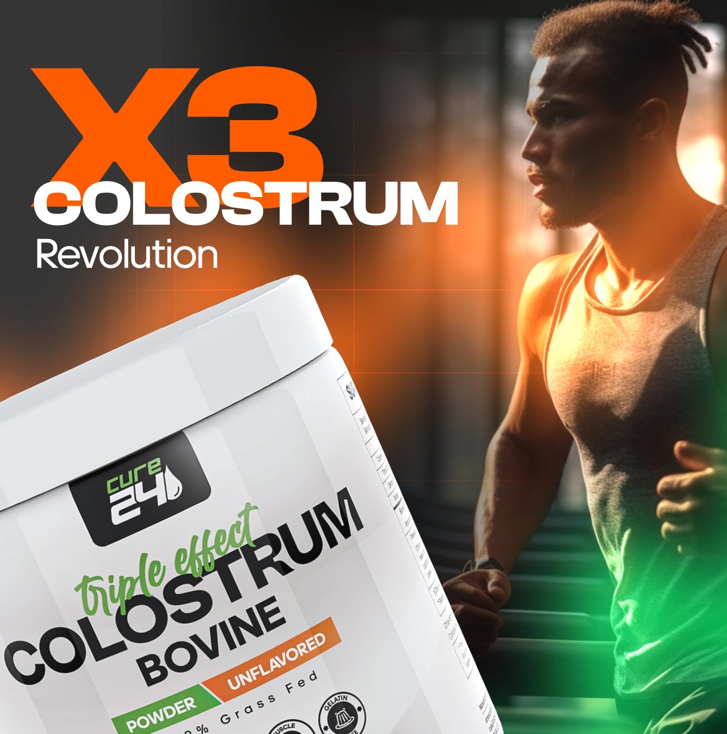 Cure24 Bovine Colostrum X3 Supplement Powder for Humans, 100% Pure Whole Natural Grass Fed Superfood, High IgG, Plus Probiotic