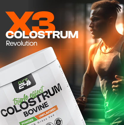 Cure24 Bovine Colostrum X3 Supplement Powder for Humans, 100% Pure Whole Natural Grass Fed Superfood, High IgG, Plus Probiotic