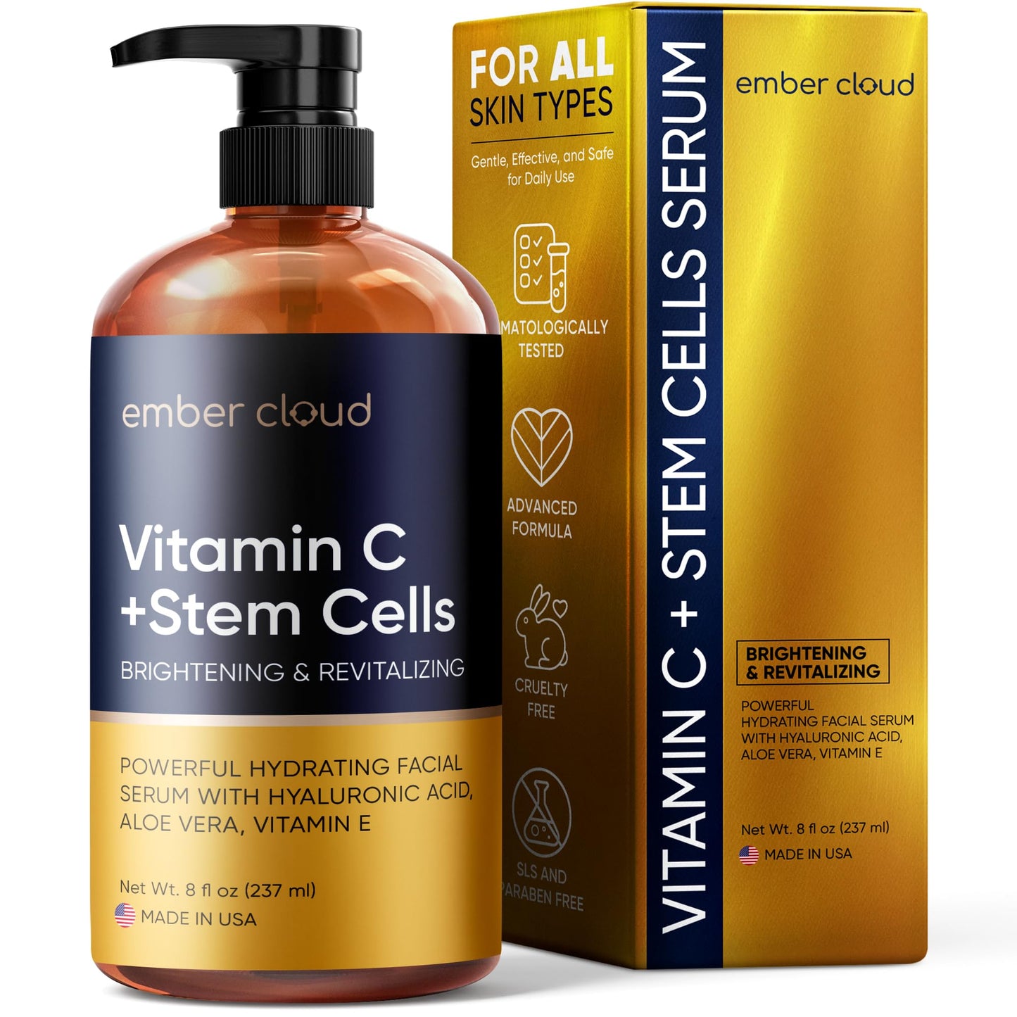 Vitamin C Serum for Face with Stem Cells Hyaluronic Acid Aloe Vera Vitamin E Anti-Aging Face Serum Supports Skin Health & Even Tone