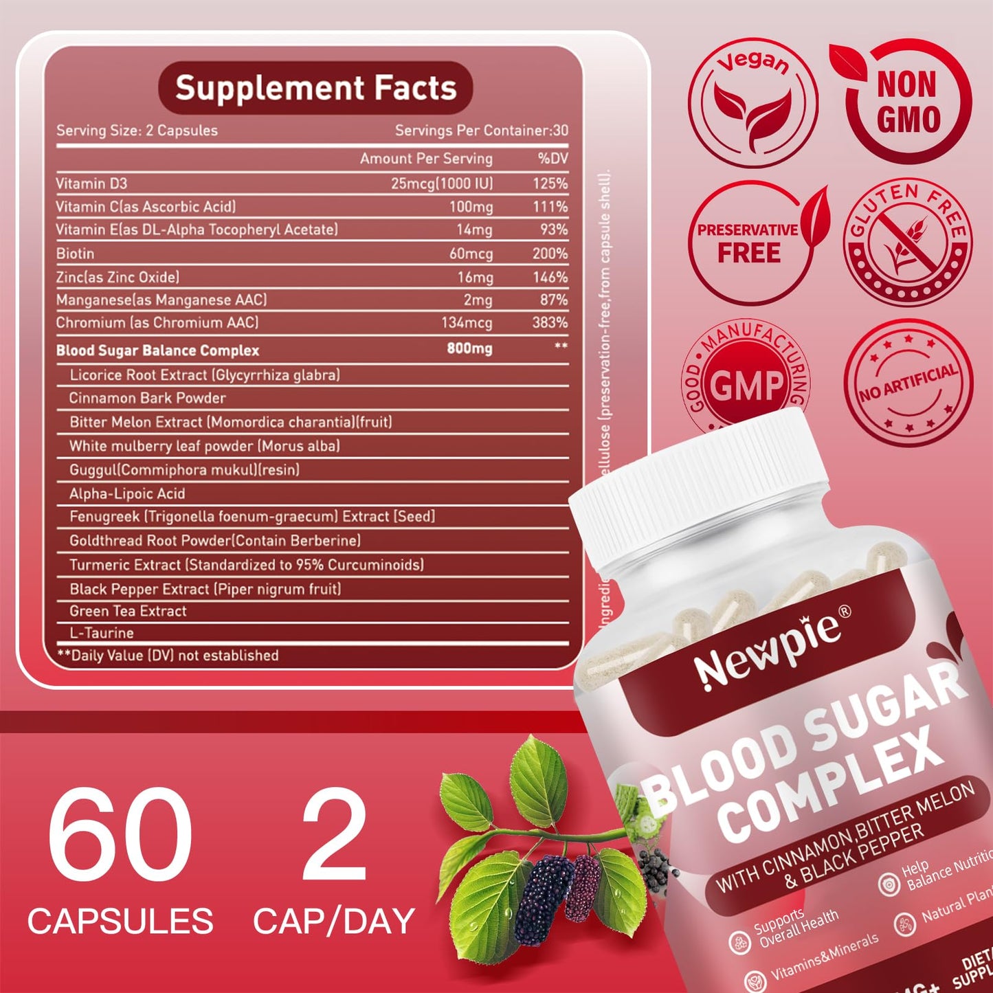 Blood Sugar Complex Supplement – Natural with 20 Active Herbs and Vitamins, Including Cinnamon, Bitter Melon, Black Pepper, Licorice, Vegan, Non-GMO, Gluten-Free, 60 Capsules