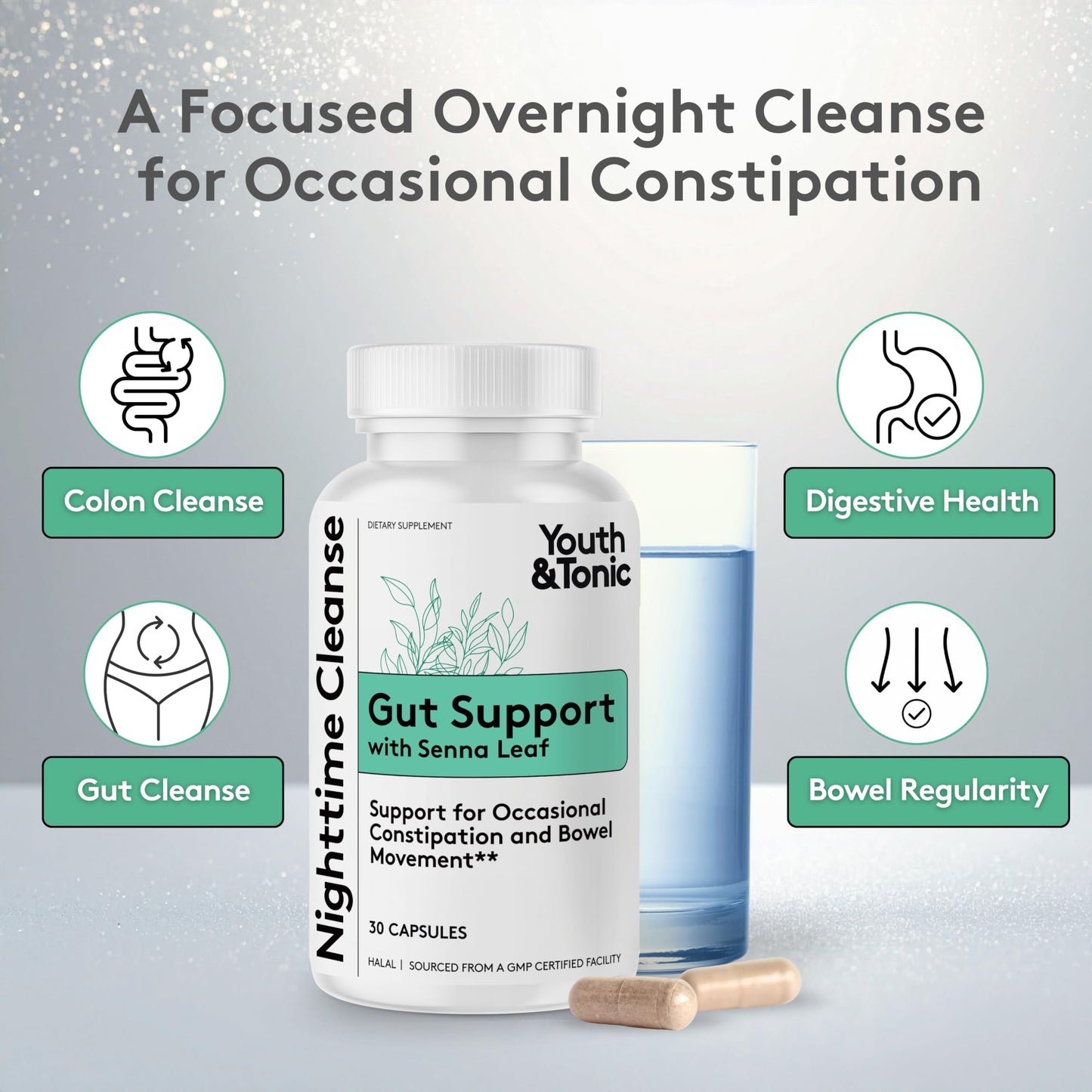 Youth & Tonic Overnight Intestinal Cleanse Supplement for Occasional Constipation Relief, Gut & Colon Cleanse Detox with Senna Leaf, Psyllium Husk Powder