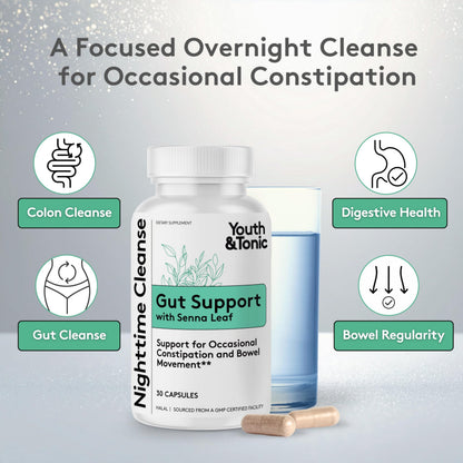 Youth & Tonic Overnight Intestinal Cleanse Supplement for Occasional Constipation Relief, Gut & Colon Cleanse Detox with Senna Leaf, Psyllium Husk Powder