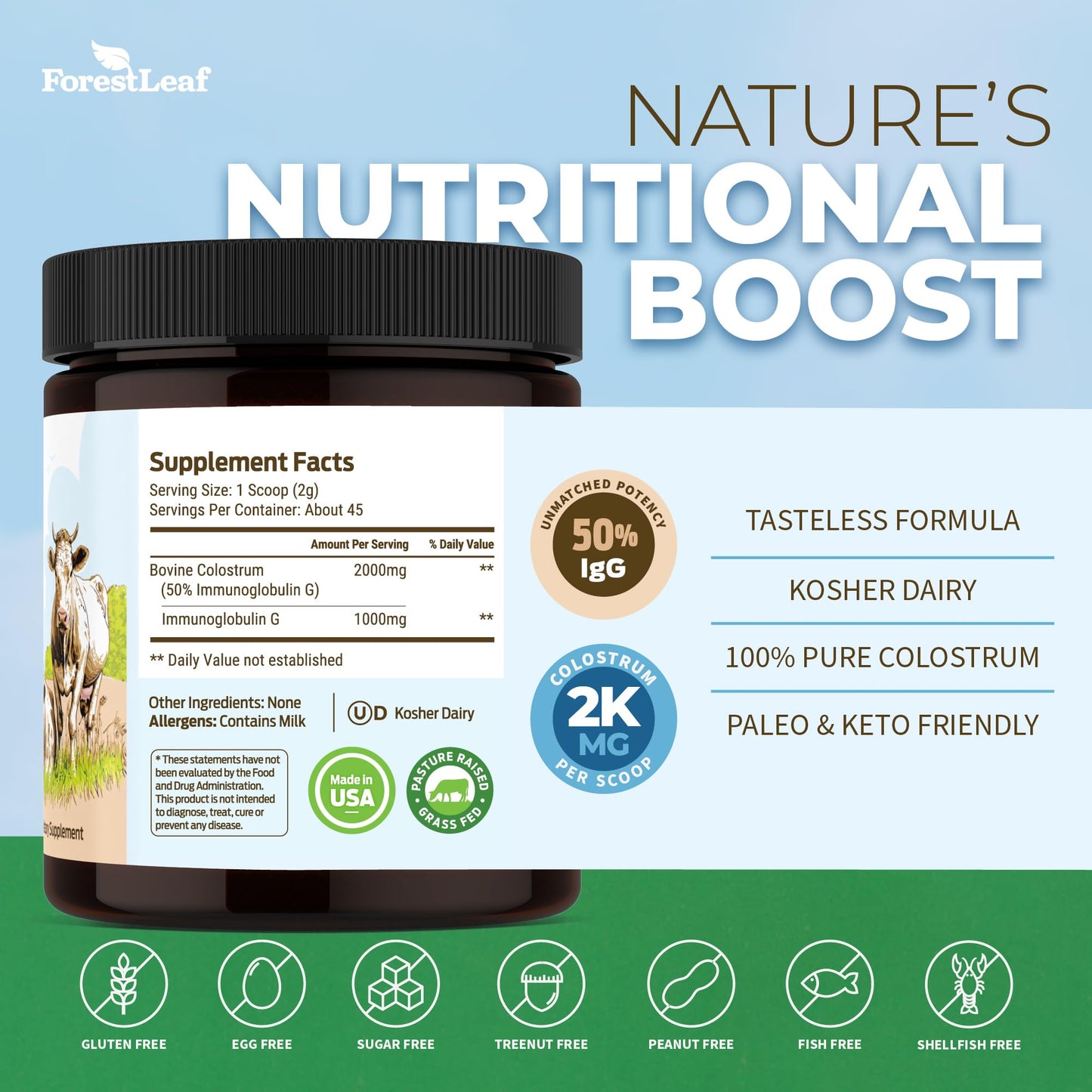 ForestLeaf Colostrum Powder 50% IgG Highest Pure Concentration, Grass Fed Colostrum Supplement for Gut Health, Immune Support and Muscle Recovery,