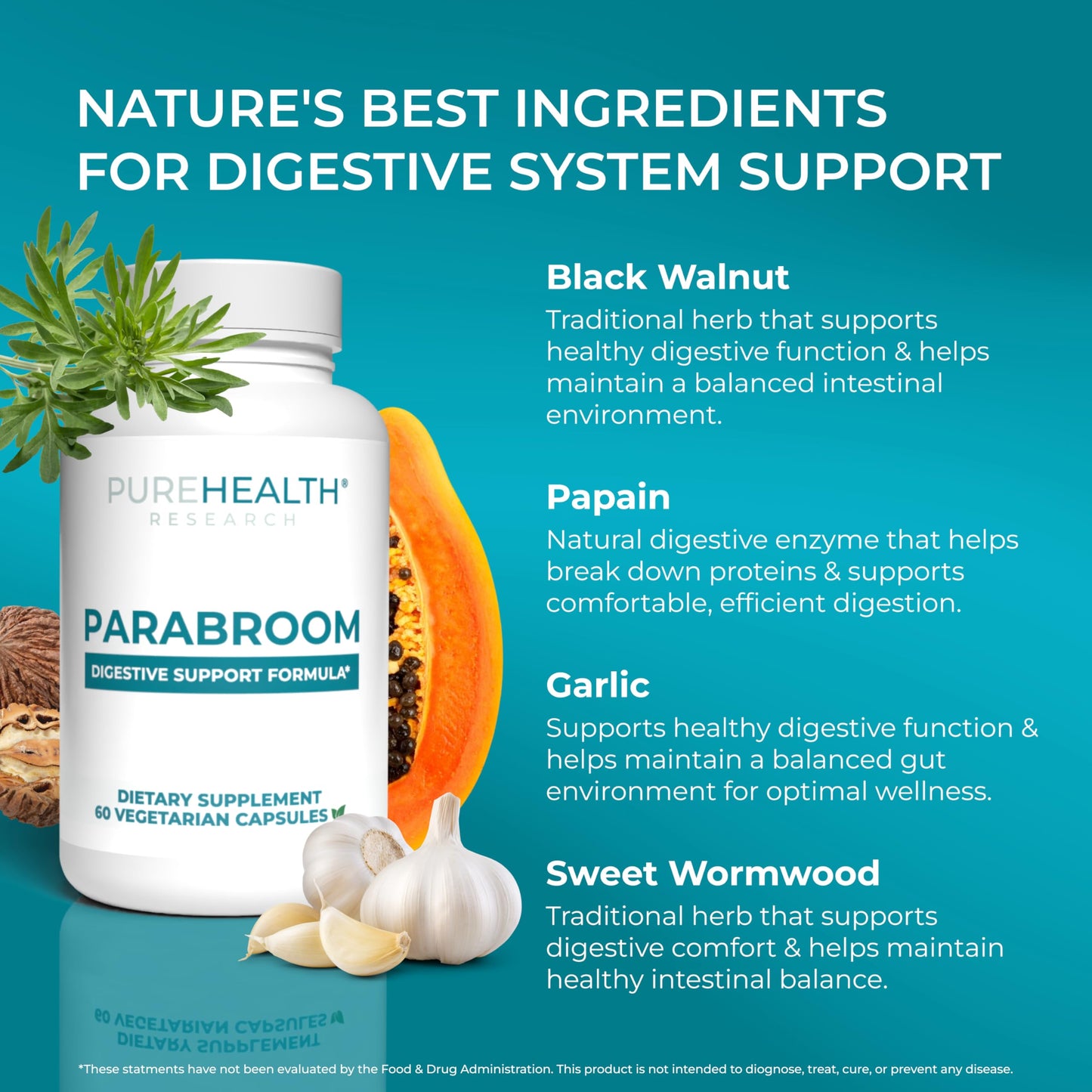 PUREHEALTH RESEARCH Parabroom - Gut Cleanse & Health Supplement - with Black Walnut, Sweet Wormwood Powder, Turmeric Extract, Olive Leaf, Garlic & Onion