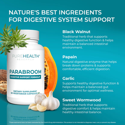 PUREHEALTH RESEARCH Parabroom - Gut Cleanse & Health Supplement - with Black Walnut, Sweet Wormwood Powder, Turmeric Extract, Olive Leaf, Garlic & Onion