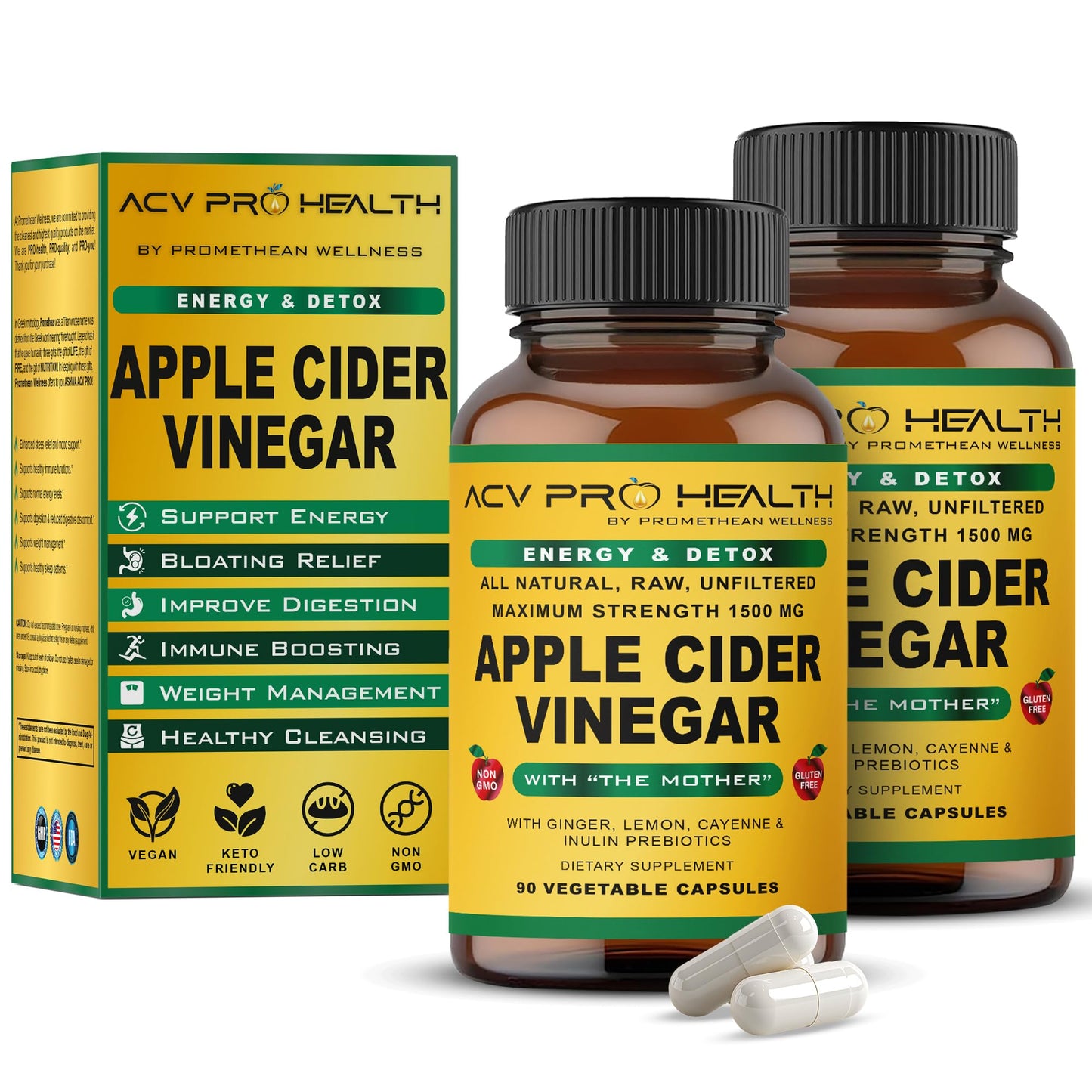 Promethean Wellness 2-PK (180 Count) ACV Pro Apple Cider Vinegar Capsules Certified Organic with Mother ACV Pills Detox Cleanse Acid Reflux Relief Support Supplement