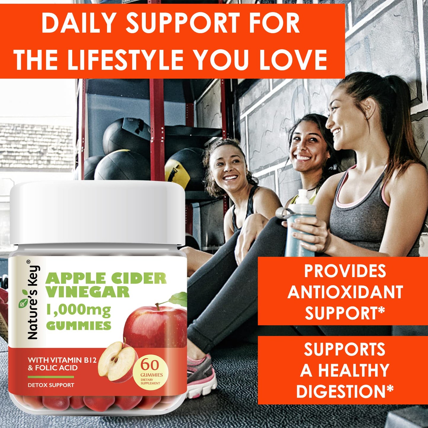 Nature's Key Apple Cider Vinegar Gummies -1000mg 60 Count,  Digestion, Natural Detox & Cleanse | Vegan, Non-GMO, Gluten Free