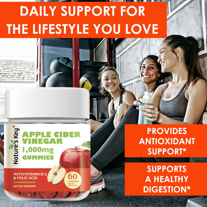 Nature's Key Apple Cider Vinegar Gummies -1000mg 60 Count,  Digestion, Natural Detox & Cleanse | Vegan, Non-GMO, Gluten Free