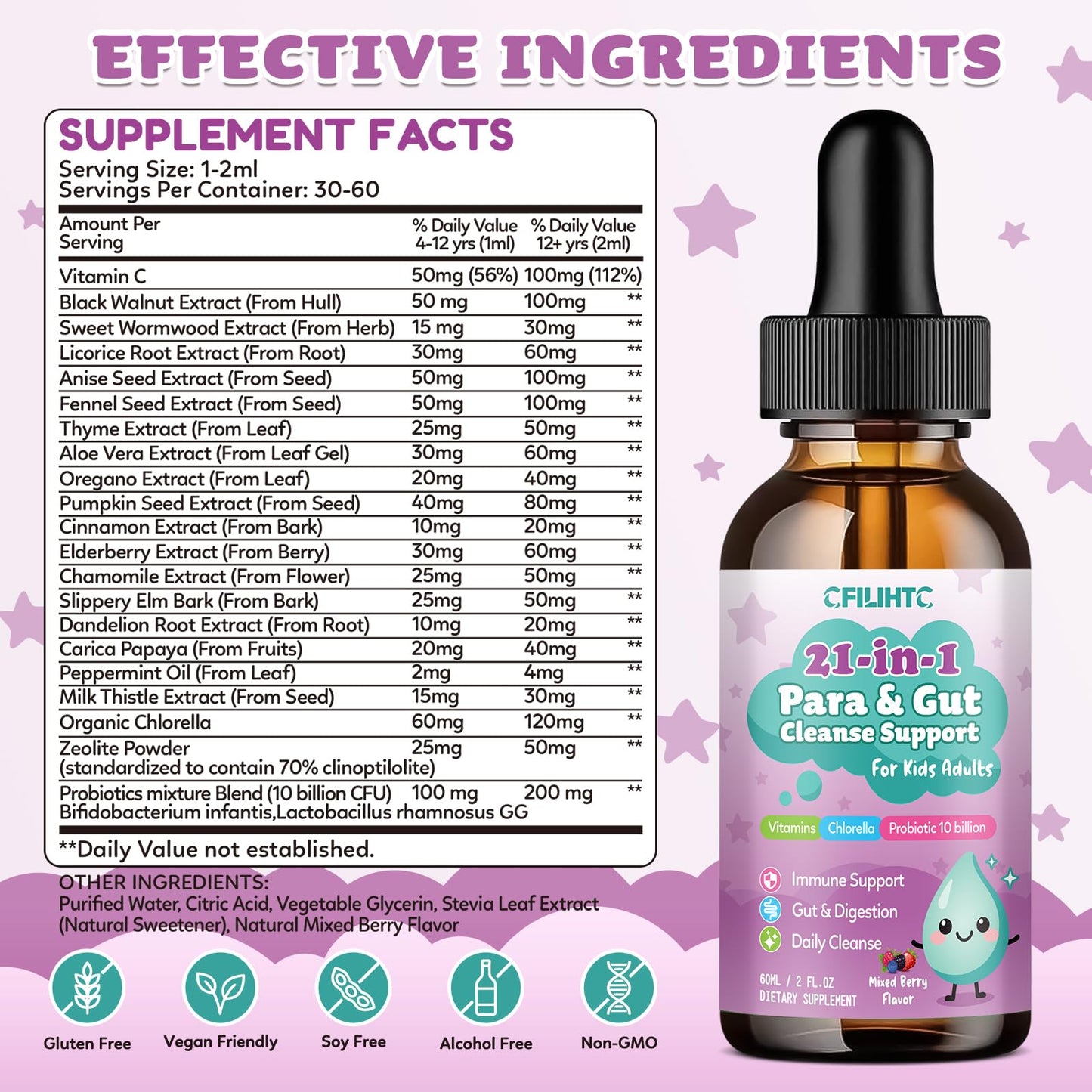 21 in 1 Parasite Cleanse for Humans & Kids, Herbal Gut Cleanse & Detox Support, Wormwood Black Walnut Pumpkin Seed, Probiotics 10 Billion CFU, Digestive
